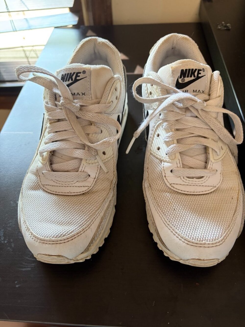 Nike Air Max 90 sneakers in white with black accents. Women’s size 8 (EU 39)